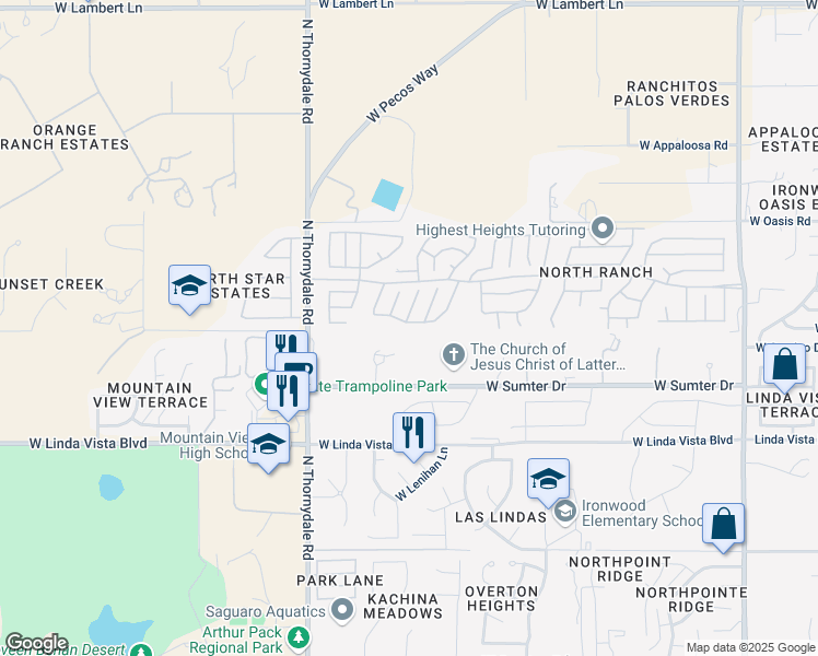 map of restaurants, bars, coffee shops, grocery stores, and more near 3597 West Thundercloud Loop in Tucson