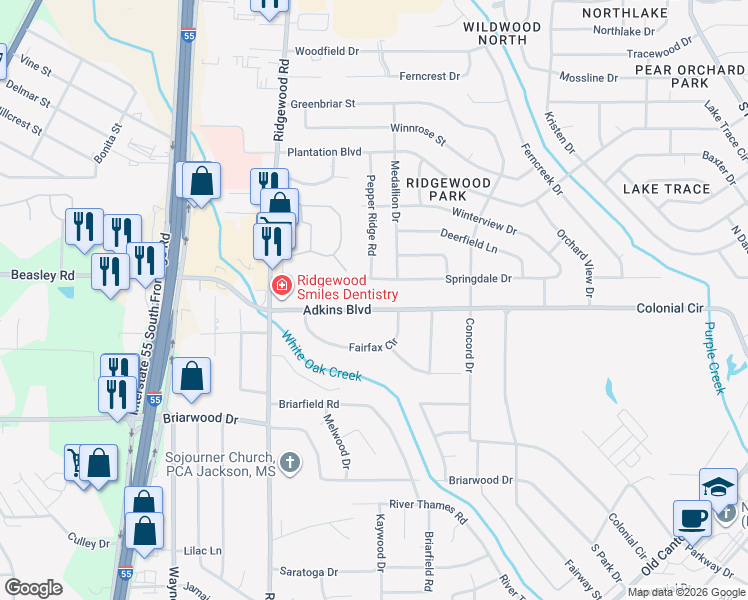 map of restaurants, bars, coffee shops, grocery stores, and more near 1131 Springdale Drive in Jackson