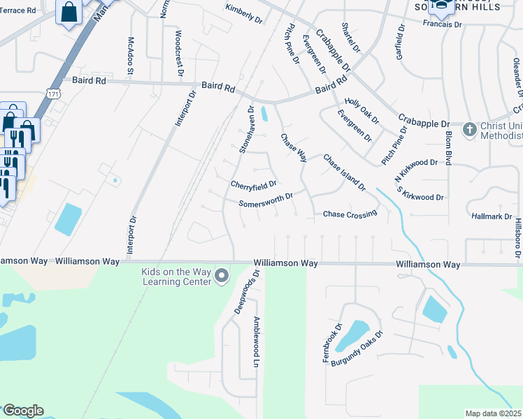 map of restaurants, bars, coffee shops, grocery stores, and more near 10001 Bedlington Court in Shreveport