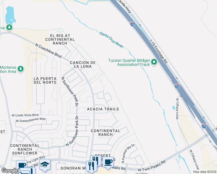 map of restaurants, bars, coffee shops, grocery stores, and more near 7485 West Long Creek Place in Tucson