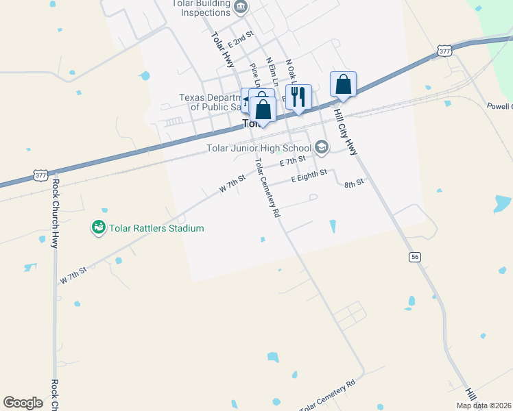 map of restaurants, bars, coffee shops, grocery stores, and more near 500 Tolar Cemetery Road in Tolar