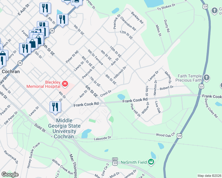 map of restaurants, bars, coffee shops, grocery stores, and more near 125 Crest Drive in Cochran