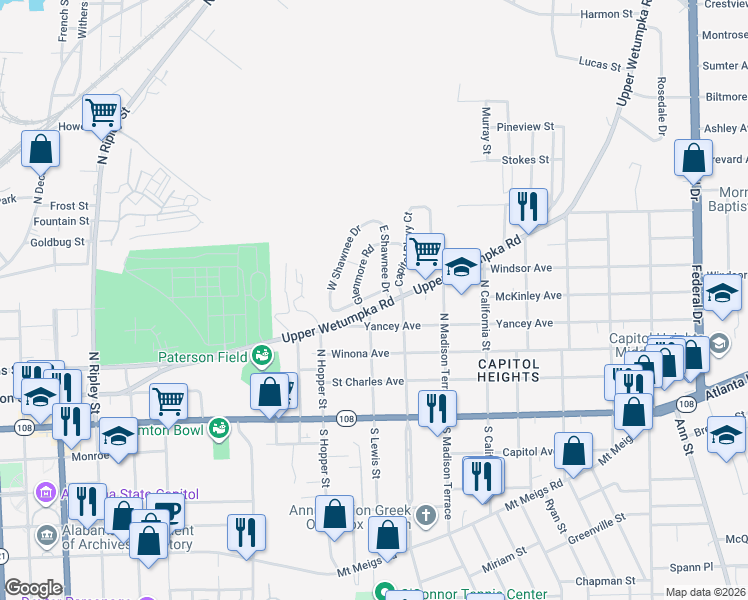 map of restaurants, bars, coffee shops, grocery stores, and more near 1612 Lyndle Road in Montgomery