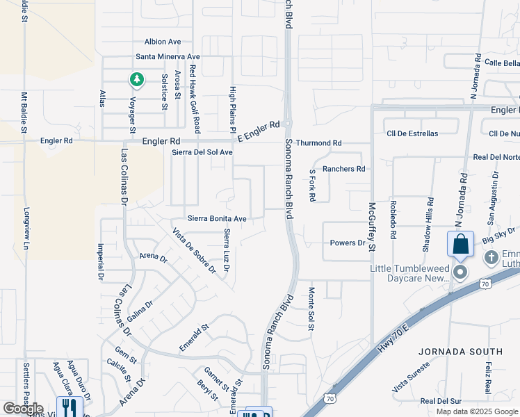 map of restaurants, bars, coffee shops, grocery stores, and more near 7501 Sierra De Oro Place in Las Cruces