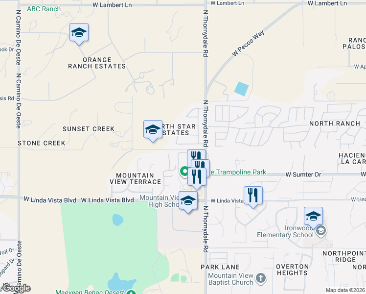 map of restaurants, bars, coffee shops, grocery stores, and more near 9826 North Indus Avenue in Tucson