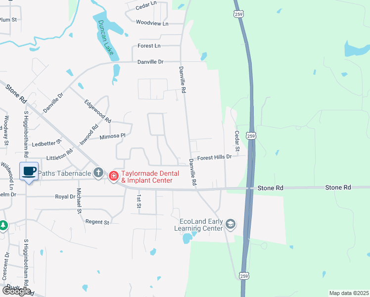 map of restaurants, bars, coffee shops, grocery stores, and more near 505 Danville Road in Kilgore