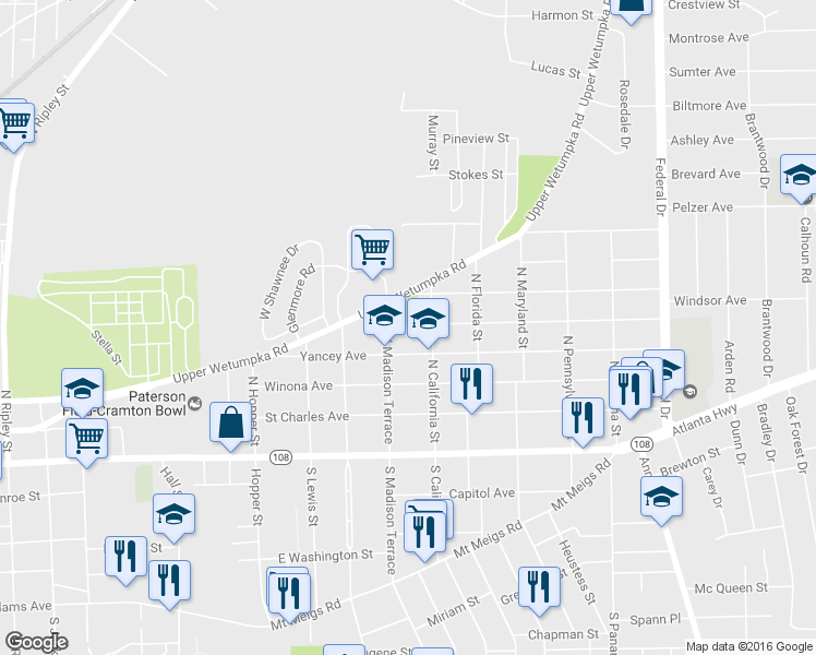 map of restaurants, bars, coffee shops, grocery stores, and more near 310 North Madison Terrace in Montgomery