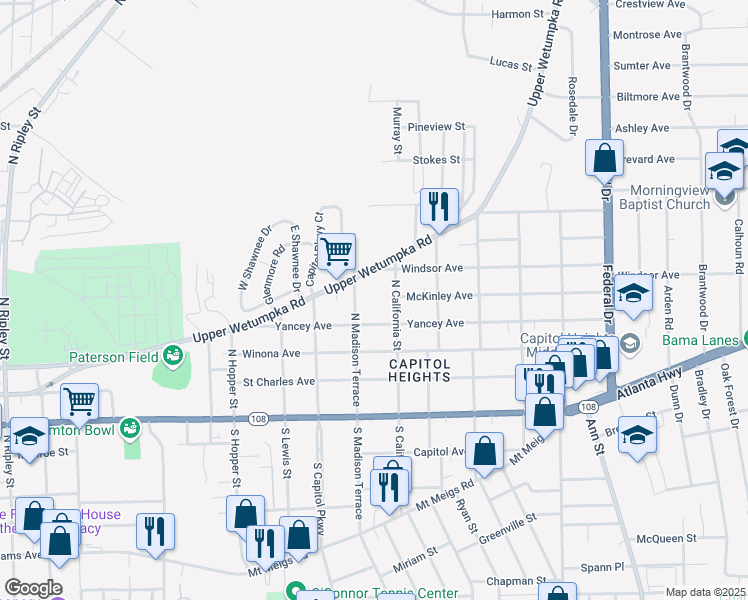 map of restaurants, bars, coffee shops, grocery stores, and more near 310 North Madison Terrace in Montgomery