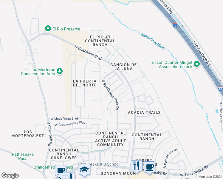 map of restaurants, bars, coffee shops, grocery stores, and more near 7514 West Mystic Sky Lane in Tucson
