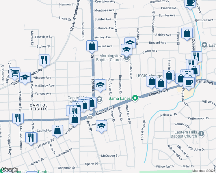 map of restaurants, bars, coffee shops, grocery stores, and more near 33 Arden Road in Montgomery