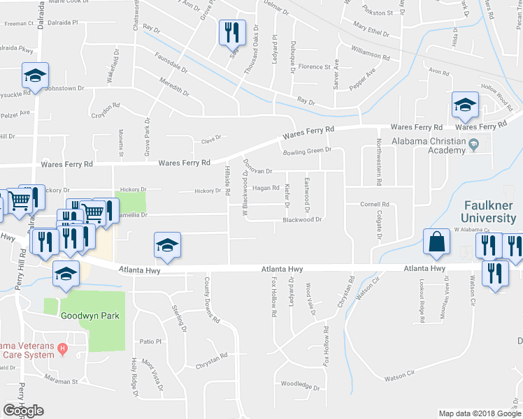 map of restaurants, bars, coffee shops, grocery stores, and more near 4338 Eastmont Drive in Montgomery