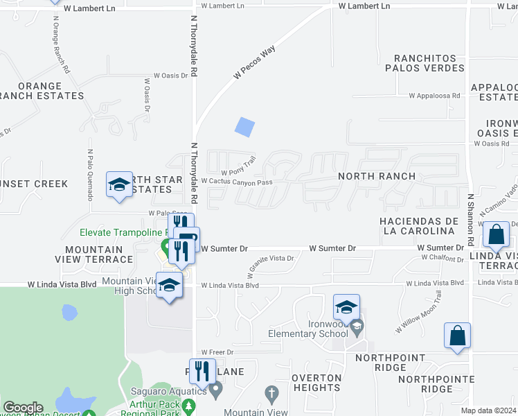 map of restaurants, bars, coffee shops, grocery stores, and more near 3566 West Thundercloud Loop in Tucson