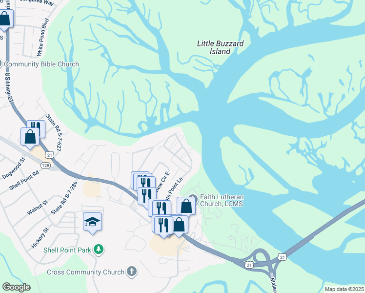 map of restaurants, bars, coffee shops, grocery stores, and more near Wrights Point Circle in Beaufort