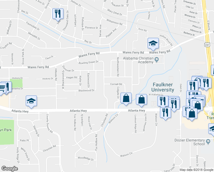 map of restaurants, bars, coffee shops, grocery stores, and more near 325 Cornell Road in Montgomery