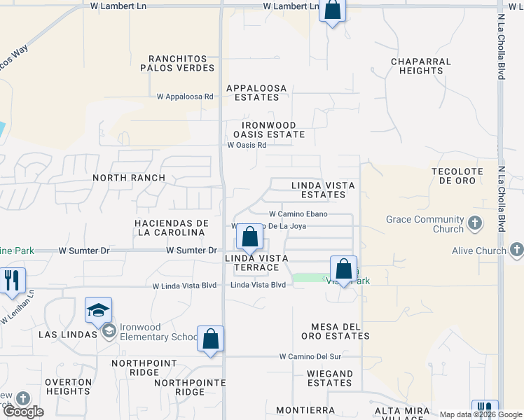 map of restaurants, bars, coffee shops, grocery stores, and more near 2769 West Camino Llano in Tucson