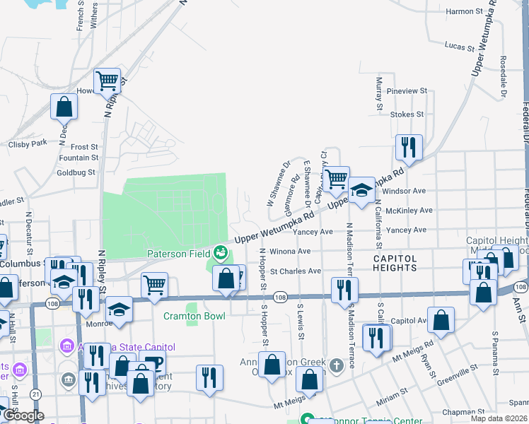 map of restaurants, bars, coffee shops, grocery stores, and more near 724 West Shawnee Drive in Montgomery