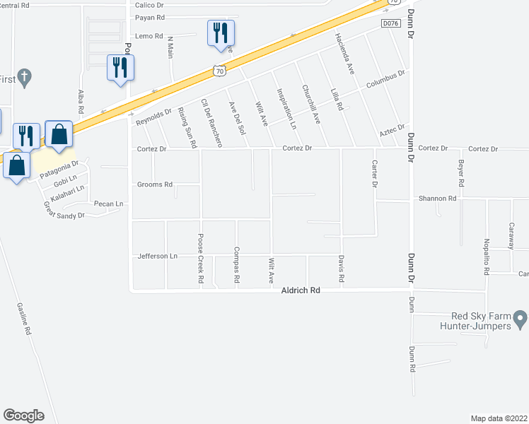 map of restaurants, bars, coffee shops, grocery stores, and more near 6425 Pecan Ln in Las Cruces
