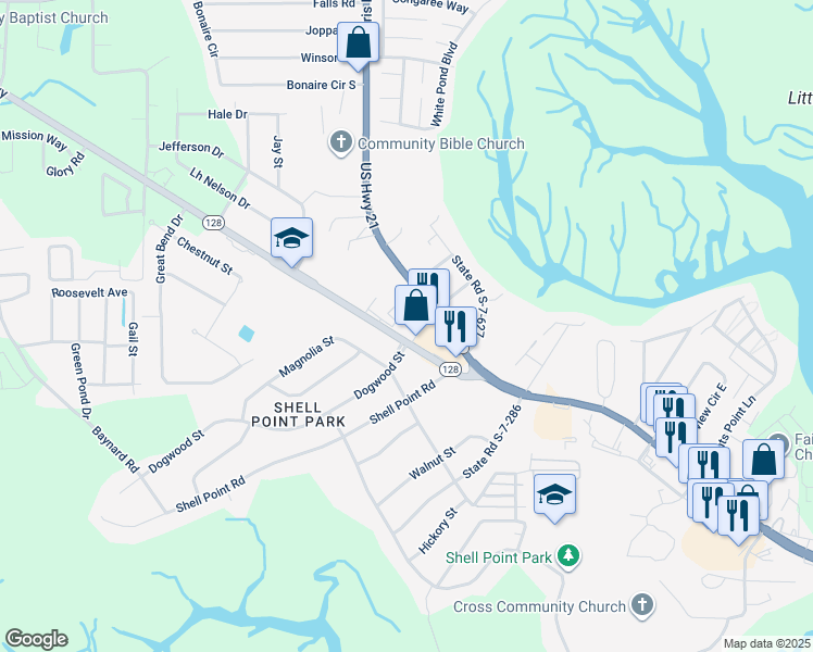 map of restaurants, bars, coffee shops, grocery stores, and more near 42 Savannah Highway in Beaufort