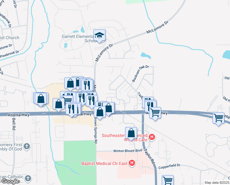 map of restaurants, bars, coffee shops, grocery stores, and more near 6813 Brownwood Lane in Montgomery