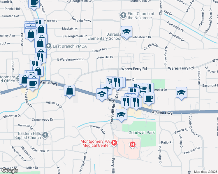 map of restaurants, bars, coffee shops, grocery stores, and more near 103 Dalraida Road in Montgomery