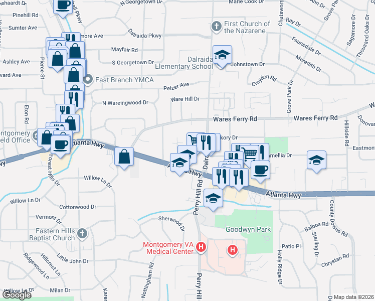 map of restaurants, bars, coffee shops, grocery stores, and more near 103 Dalraida Road in Montgomery