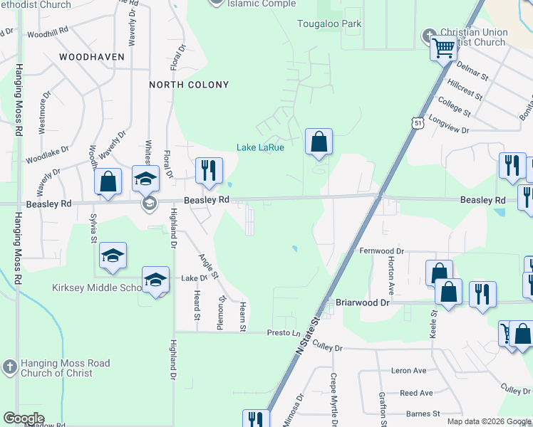 map of restaurants, bars, coffee shops, grocery stores, and more near 339 Beasley Road in Jackson