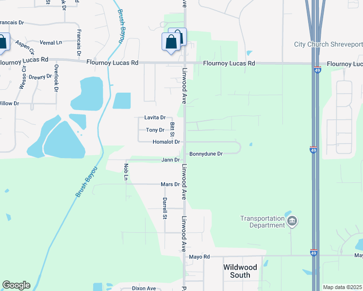 map of restaurants, bars, coffee shops, grocery stores, and more near 401 Homalot Drive in Shreveport