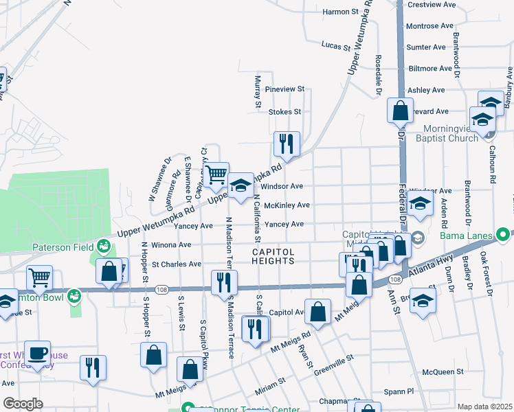 map of restaurants, bars, coffee shops, grocery stores, and more near 400 North California Street in Montgomery