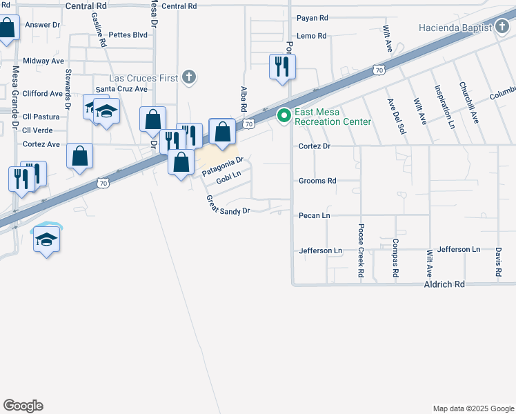 map of restaurants, bars, coffee shops, grocery stores, and more near 4291 Great Sandy Drive in Las Cruces