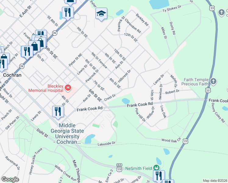 map of restaurants, bars, coffee shops, grocery stores, and more near 125 Crest Drive in Cochran