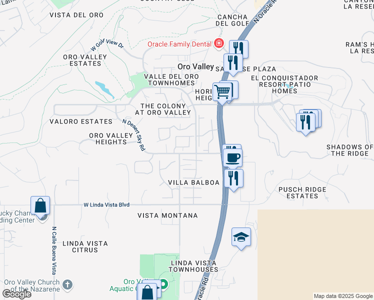map of restaurants, bars, coffee shops, grocery stores, and more near 220 East Spring Sky Street in Oro Valley