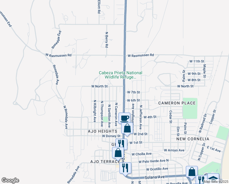 map of restaurants, bars, coffee shops, grocery stores, and more near 1531 North Cameron Avenue in Ajo