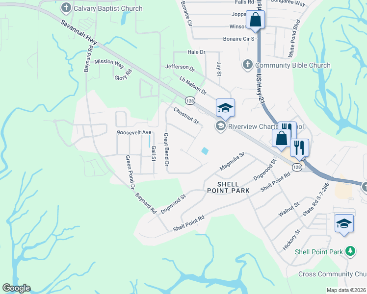 map of restaurants, bars, coffee shops, grocery stores, and more near 1-13 Cedarwood Street in Beaufort
