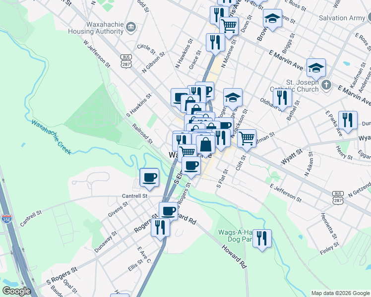 map of restaurants, bars, coffee shops, grocery stores, and more near 308 West Madison Street in Waxahachie