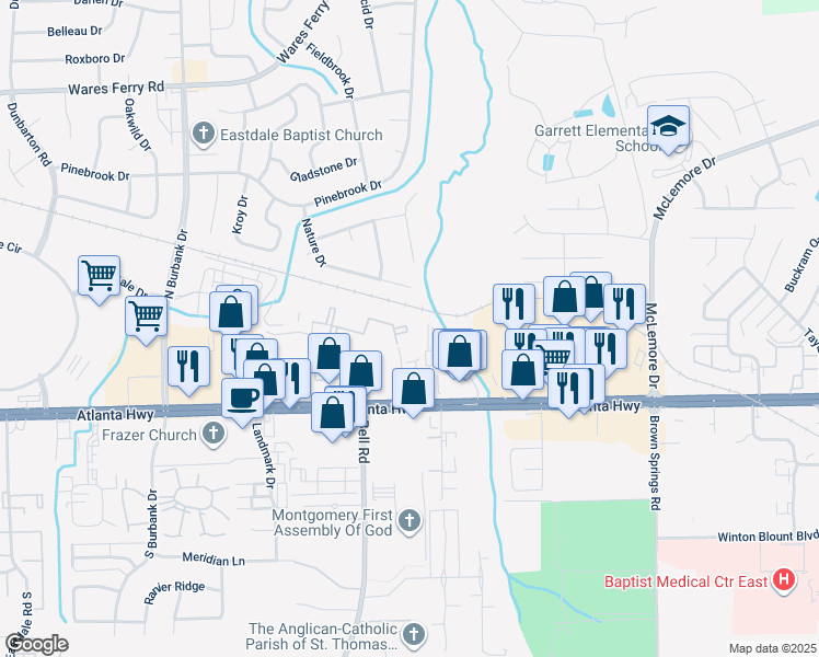 map of restaurants, bars, coffee shops, grocery stores, and more near 104 Ashburton Drive in Montgomery