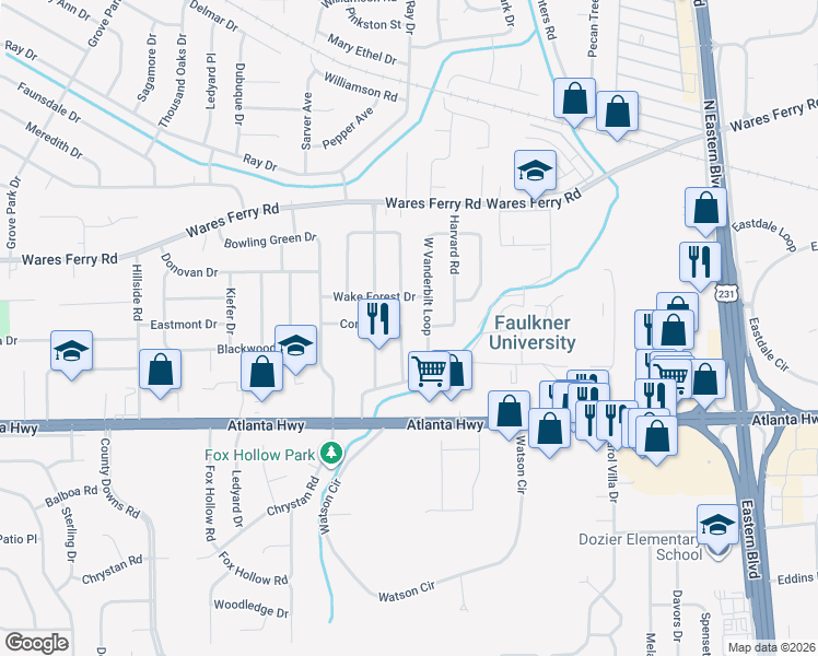 map of restaurants, bars, coffee shops, grocery stores, and more near 228 Cornell Road in Montgomery