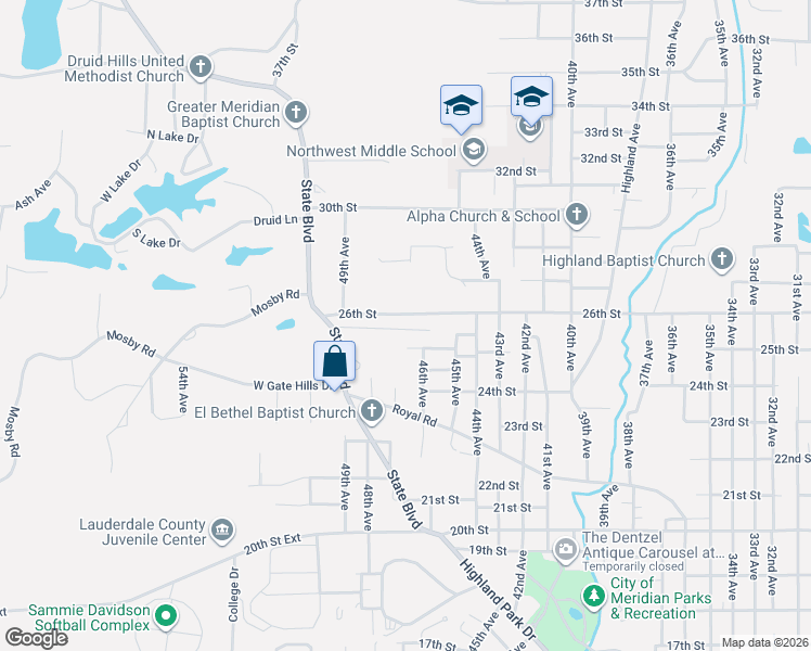 map of restaurants, bars, coffee shops, grocery stores, and more near 4708 25th Street in Meridian