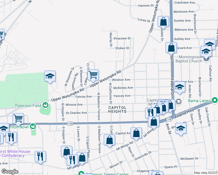 map of restaurants, bars, coffee shops, grocery stores, and more near 309 North California Street in Montgomery