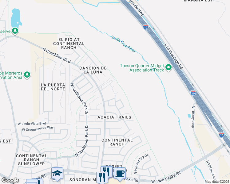 map of restaurants, bars, coffee shops, grocery stores, and more near 9825 North Long Creek Drive in Tucson