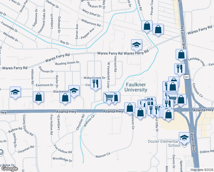 map of restaurants, bars, coffee shops, grocery stores, and more near 228 Cornell Road in Montgomery