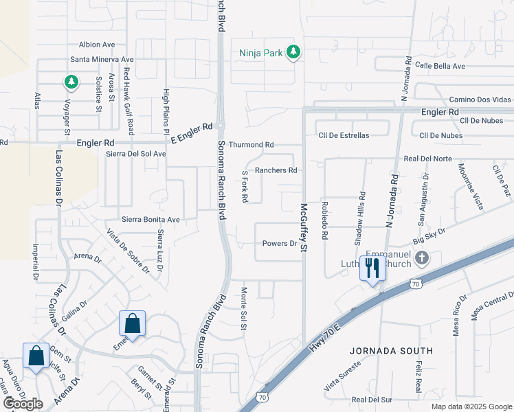 map of restaurants, bars, coffee shops, grocery stores, and more near 4921 South Fork Road in Las Cruces