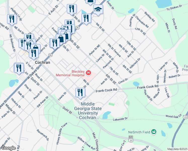 map of restaurants, bars, coffee shops, grocery stores, and more near 422 Peacock Street in Cochran