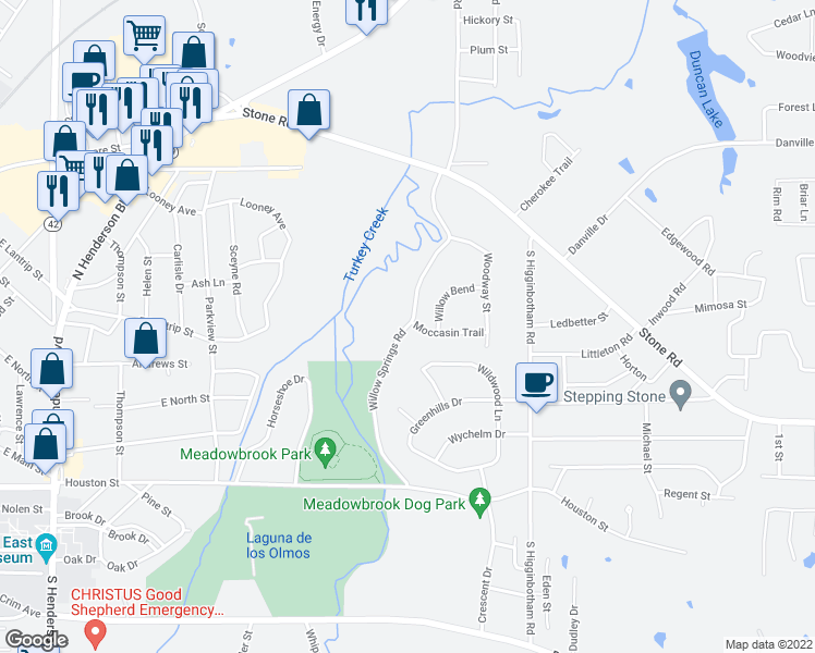 map of restaurants, bars, coffee shops, grocery stores, and more near Willow Springs Road in Kilgore