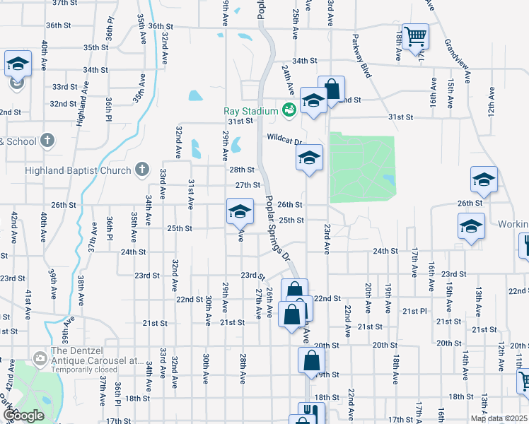 map of restaurants, bars, coffee shops, grocery stores, and more near 2523 Poplar Springs Drive in Meridian