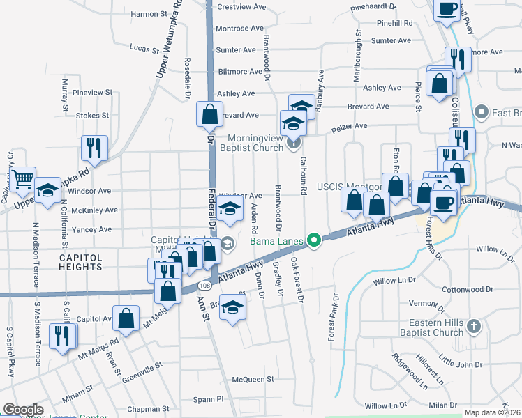map of restaurants, bars, coffee shops, grocery stores, and more near 32 Arden Road in Montgomery