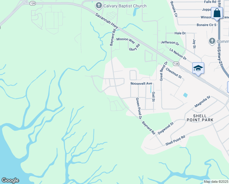 map of restaurants, bars, coffee shops, grocery stores, and more near 129 Baynard Road in Beaufort