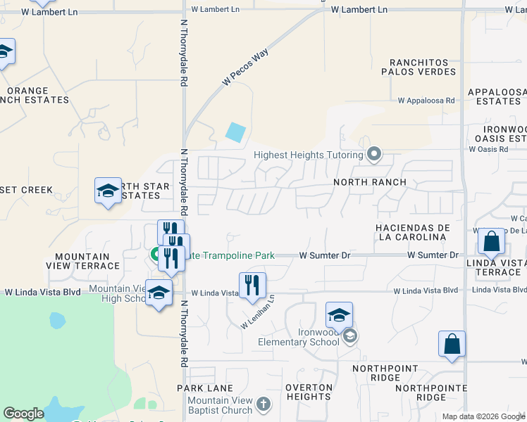 map of restaurants, bars, coffee shops, grocery stores, and more near 9820 North Western Sky Place in Tucson