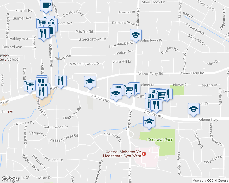 map of restaurants, bars, coffee shops, grocery stores, and more near 41 Cecil Lane in Montgomery
