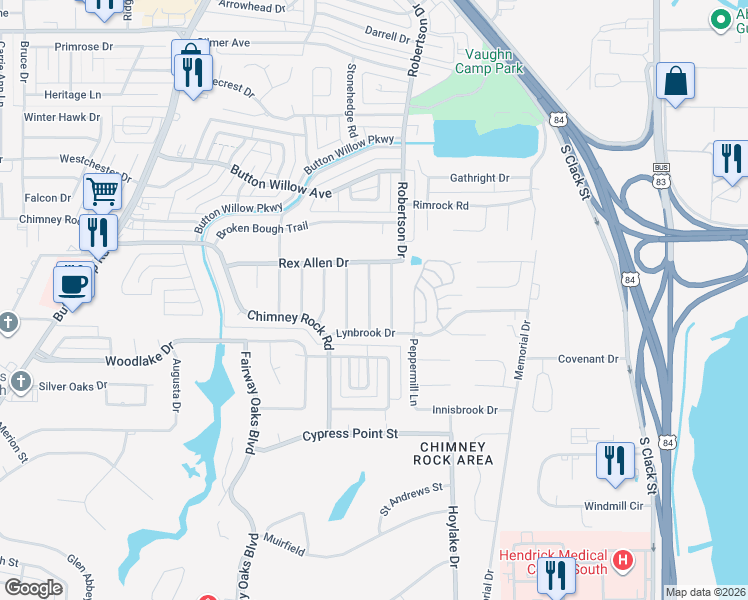 map of restaurants, bars, coffee shops, grocery stores, and more near 5249 Long Shadows Lane in Abilene