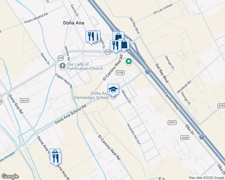 map of restaurants, bars, coffee shops, grocery stores, and more near 417 Dona Ana School Road in Las Cruces